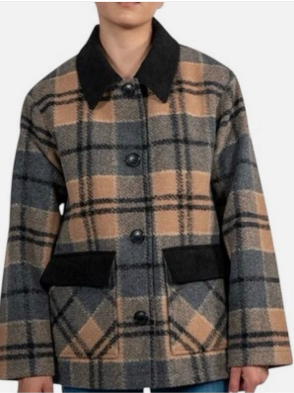 Pendleton Women’s plaid Barn Coat Camel and Gray with Black Trim - Picture 3 of 4